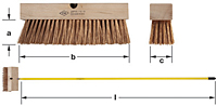 Image showing a wooden push broom head with twenty-six wire bristle rows fastened downward.  A small side view image of broom head shows 6 rows of wire bristles. Letters indicate measurements: "a" for bristle length, "b" for broom head vertical length, "c